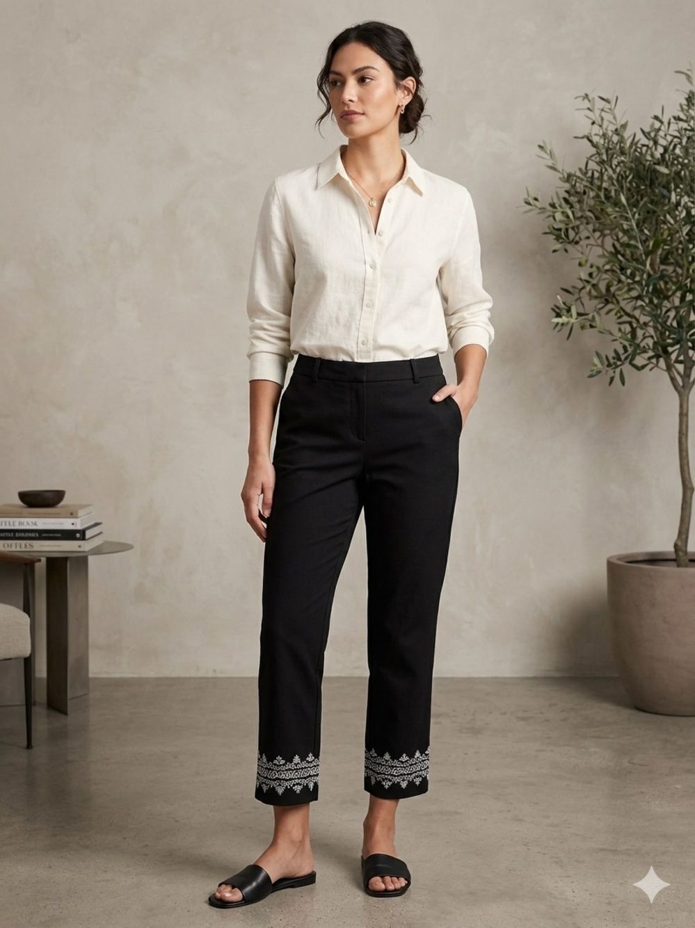 Charter Club Black Cropped Capri Pants Embroidered Cuff Size 6 Boho NEWPORT SLIM